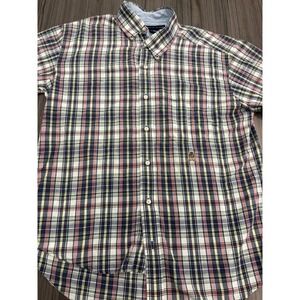 Tommy Hilfiger Plaid Button Down Shirt Mens Large Red‎ Navy Short Sleeve Crest